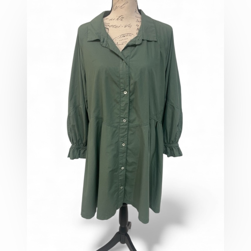 Free People Oversized Button-Front Tunic Dress Army Green Pockets Boho Cotton